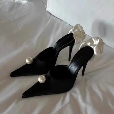 French Pointed Toe Pearl Sandals Stiletto Heel Ladies Banquet