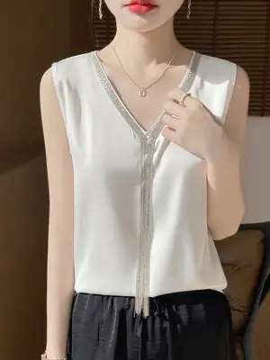 Black V-Neck Tassel Satin Camisole Top