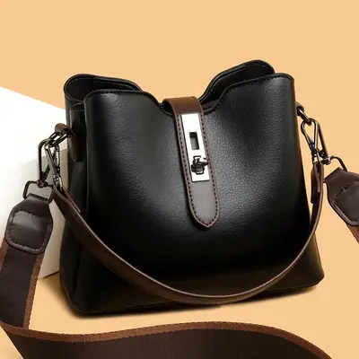 Women's Black Leather Bucket Bag with Strap