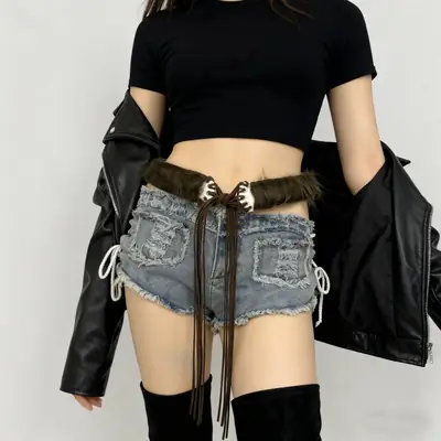 Fluffy Black Plush Belt for Women Shorts