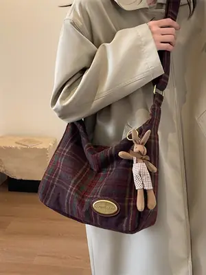 Retro Plaid Woolen Crossbody Bag for Women