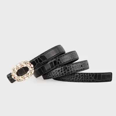 Women Croc Leather Belt with Pearl & Diamond Buckle Brown
