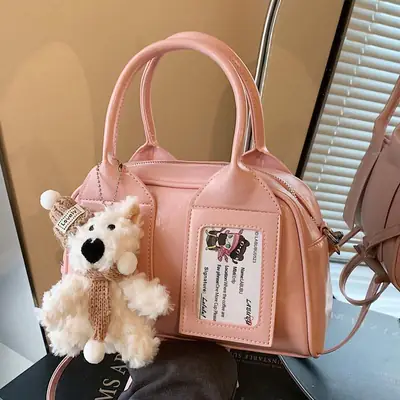 Pink Korean Style Women's 2025 Handbag with Teddy Bear