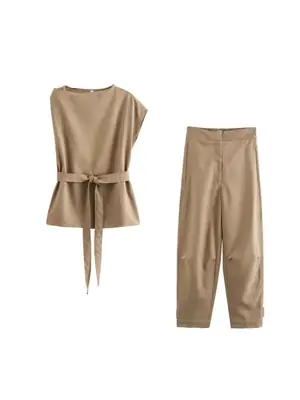 Cross-border 2025 Belt Top & Capri Pants Set Tan