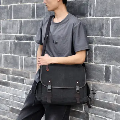 Men's Canvas Crossbody Bag Large Multi-Compartment Business Commuter