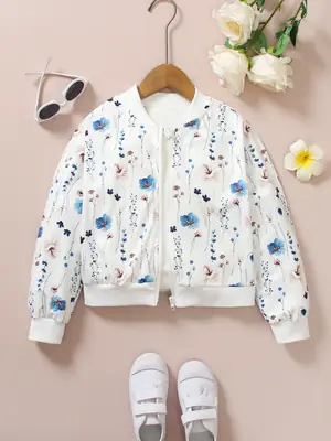 Girls Floral Baseball Jacket White Sweet European Style