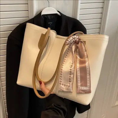 Women's Cream Crossbody Tote Bag with Bow Decor
