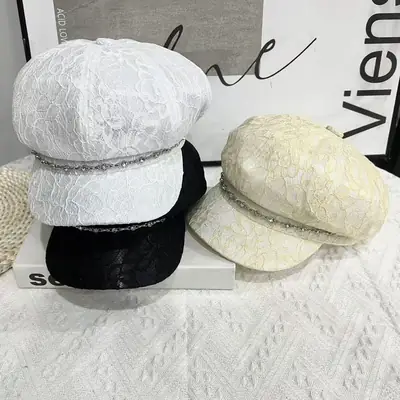 White Lace Octagonal Cap for Girls Summer Beret