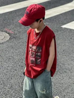 Panda Yuanyuan Red Cotton Summer Vest Large Boys