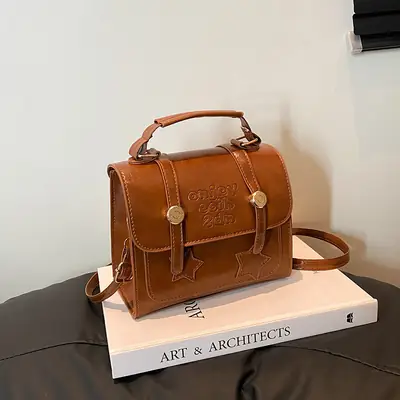 Women Textured Leather Shoulder Bag Brown British Style