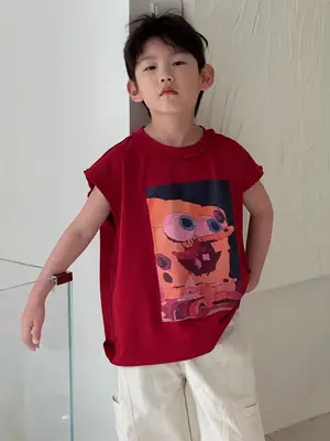 Boys Red Graphic T-Shirt Short Sleeve Casual 2025