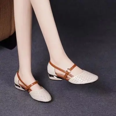 Women's Round Toe Leather Sandals White Mid Heel