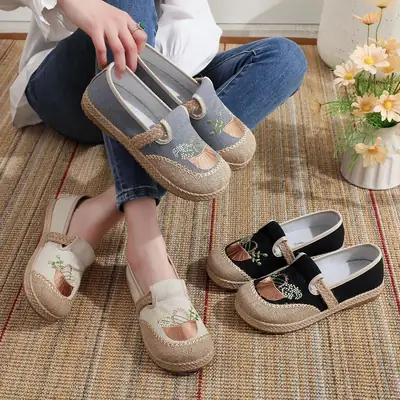 Women Linen Ethnic Flat Shoes Round Toe Light Soft Bottom