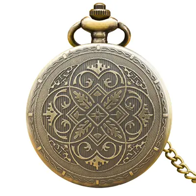 Carved Flower Pocket Watch with Chain & Quartz Dial