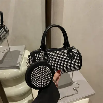 Trendy Full Diamond Rhinestone Texted Cylinder Bag