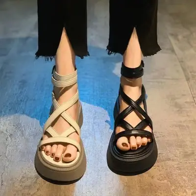 Women's Cross Strap Platform Sandals White Gold 2025