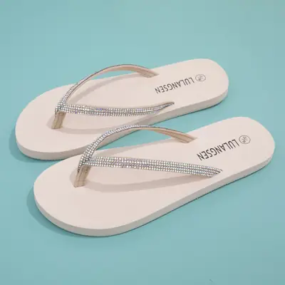 Women's White Rhinestone Flip Flops