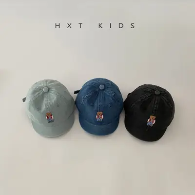 Baby Denim Cap with Bear Embroidery Washable Soft Top Hat