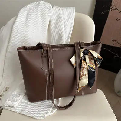 Women's Brown Leather Shoulder Bag with Silk Bow
