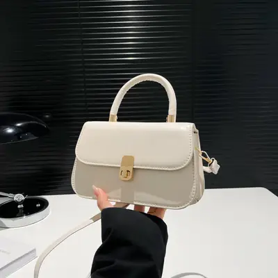 Women's Cream Textured Shoulder Crossbody Bag with Gold Clasp