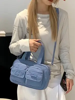 Light Blue Multi-Pocket Shoulder Crossbody Bag for Women