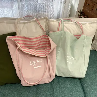 Striped Canvas Tote Bag 2024 New Korean Style