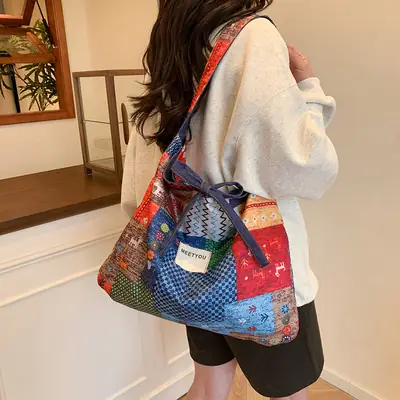 Ethnic Patchwork Shoulder Bag Large Capacity Double Sided Denim