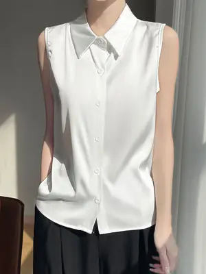 2025 Summer Women Sleeveless Satin Polo Collar Vest
