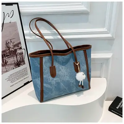 Blue Denim Underarm Bag with Pom Pom Charm