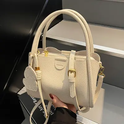 Women's Beige Leather Hand Bag with Gold Hardware
