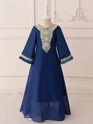 Long Sleeve Dark Blue Chiffon Princess Dress with Embroidered Trim