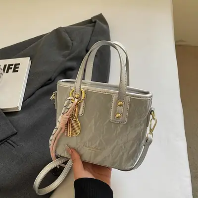 Women's Light Grey Quilted Shoulder Bag with Gold Plated Handles