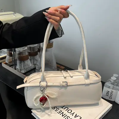 Women's Cream White Shoulder Bag with Pearl Keychain