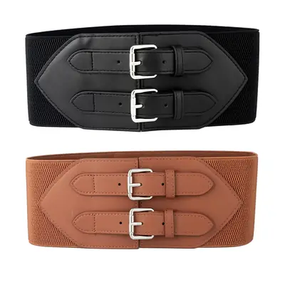 Black Ultra-wide Waist Belt with Double Buckle for Women