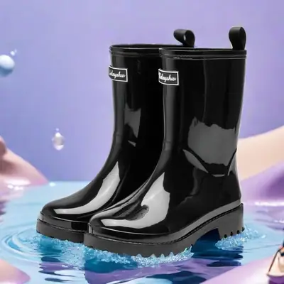 Women's Black Waterproof Rain Boots Mid-barrel