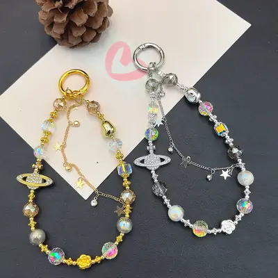 Crystal Beaded Bracelet with Saturn & Mobile Hanging Chain