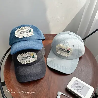 Women's Wash Denim Baseball Cap Blue Lace Face Small