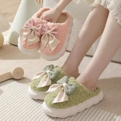 Autumn and Winter Couple Bow Thick-Soled Slippers Women's Plush Warm Fleece-Lined Thickeneded Home Indoor Household Cotton Slippers