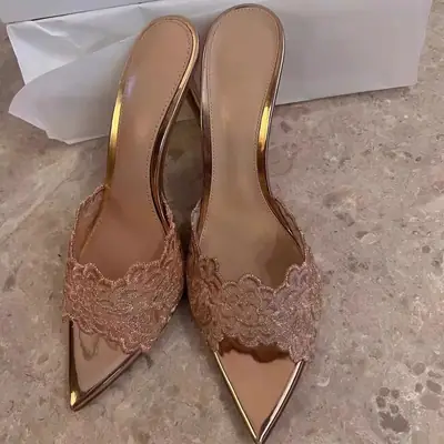 Champagne Gold Embroidered Stiletto Heels for Women