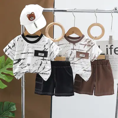 Boys Printed Cotton Shorts Set Summer Casual Brown Black
