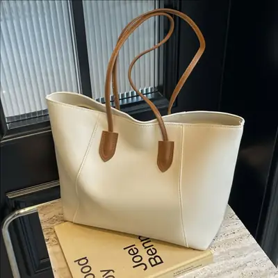 Women's Cream Tote Bag Large Capacity Leather Handle