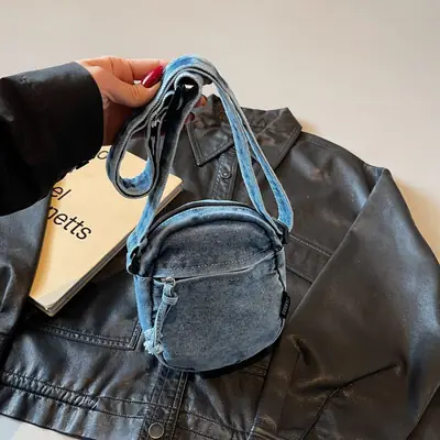 Denim Crossbody Shoulder Bag Blue Artistic Casual