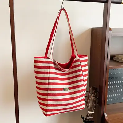 Red White Striped Canvas Tote Bag for Women