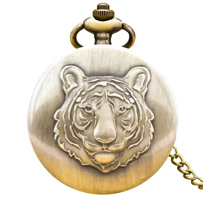 Bronze Leopard Head Flip Watch with Hanging Chain
