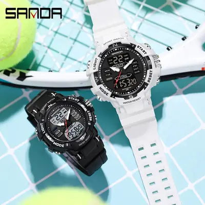 Sanda Dual-Display Sports Watch Green Silicone Men Women