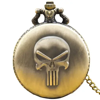 Large Thin Chain Personalized Skull Pocket Watch Bronze