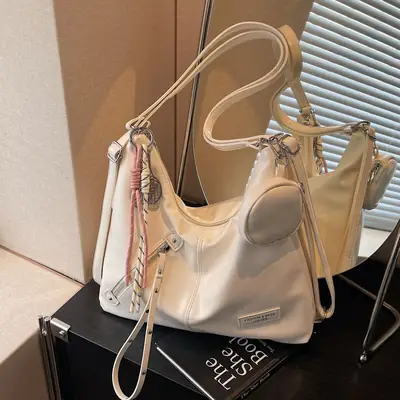 Women's Cream Leather Shoulder Tote Bag Large Capacity