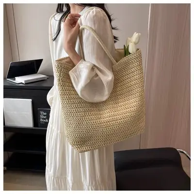 Women's Hand-Woven Straw Shoulder Tote Bag Large Capacity