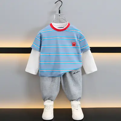 Boys Cotton Two Piece Striped T-Shirt Blue White