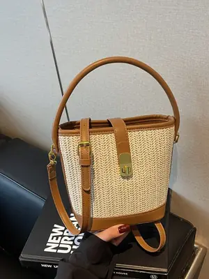 Women Woven Bucket Bag Tan Brown Crossbody Shoulder